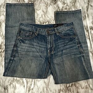 T K Axel Treadwell Relaxed Straight Leg Men Denim Blue Jeans Embroidered Pockets